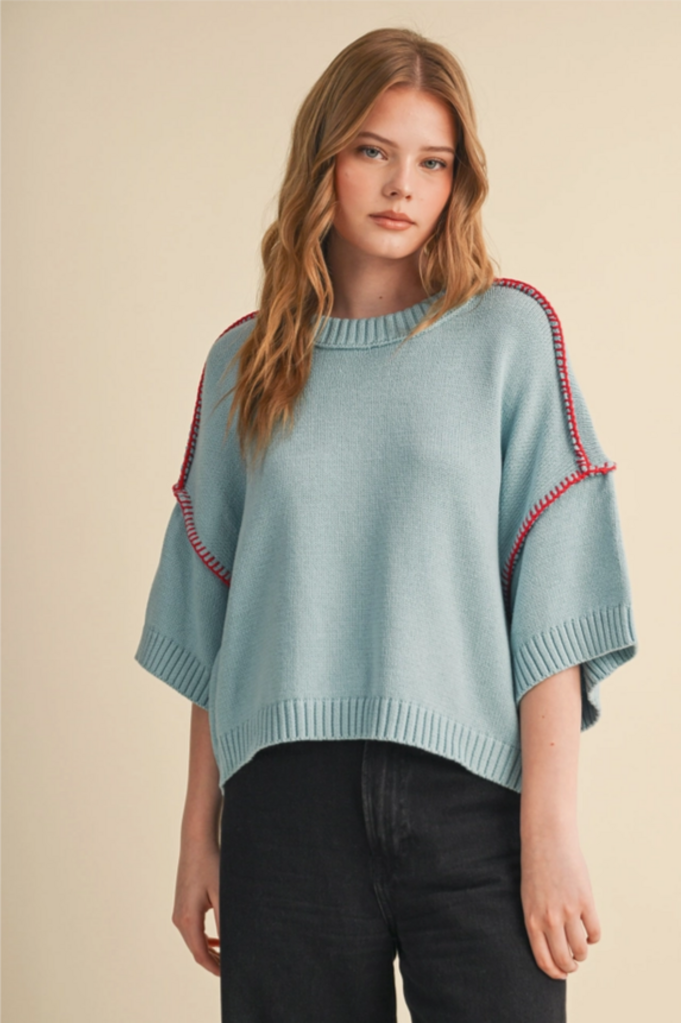& Merci Short Sleeve Sweater with Stitch Trim