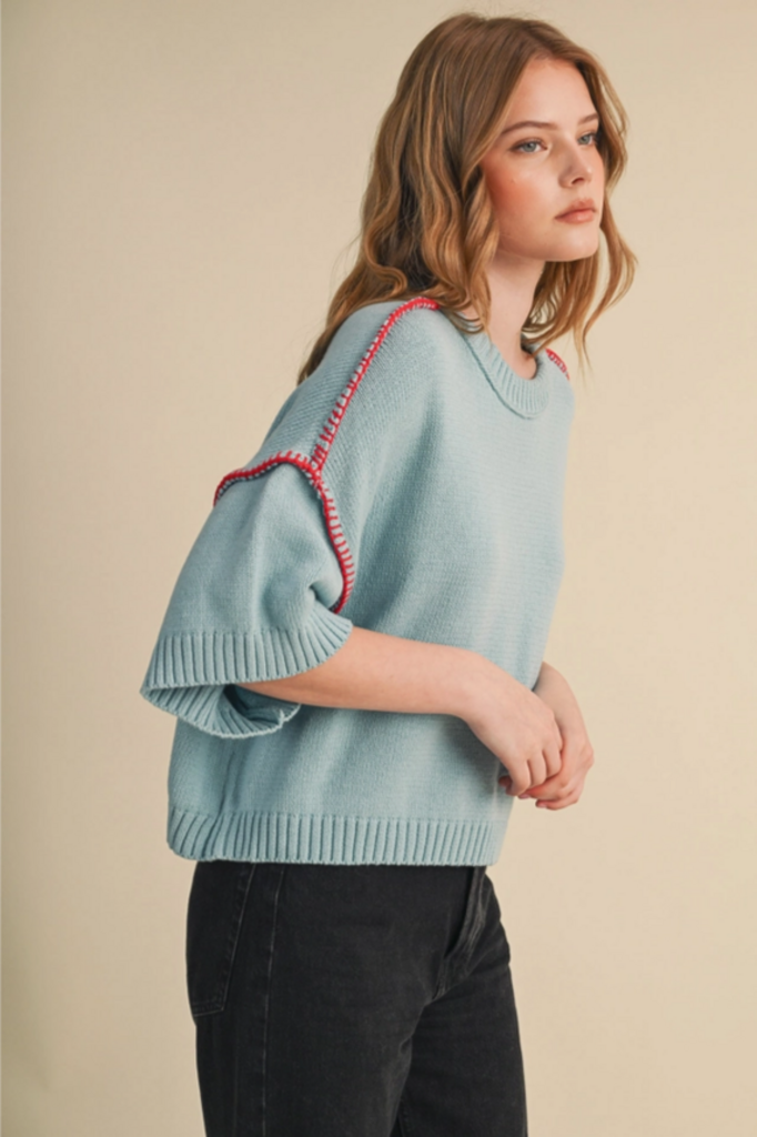 & Merci Short Sleeve Sweater with Stitch Trim