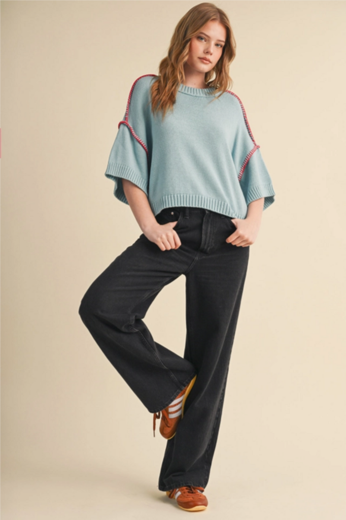 & Merci Short Sleeve Sweater with Stitch Trim