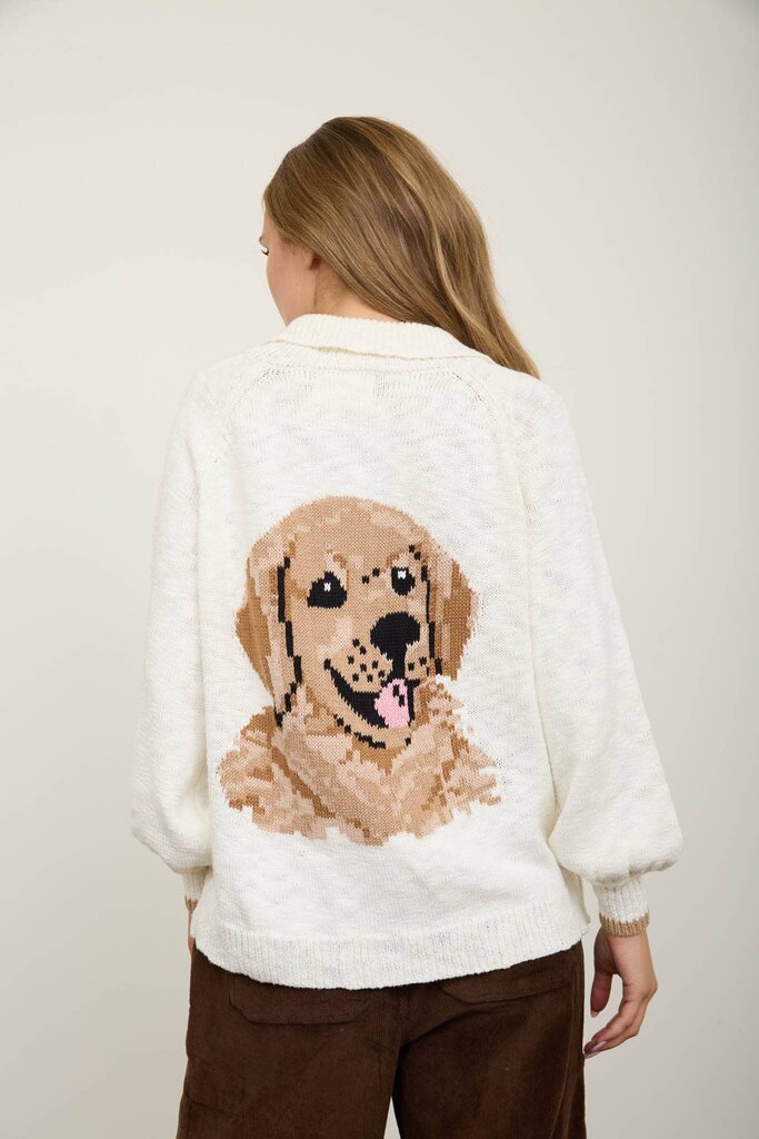 JOA Collared Button-Down Dog Jacquard Cardigan
