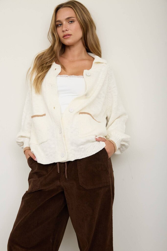 JOA Collared Button-Down Dog Jacquard Cardigan