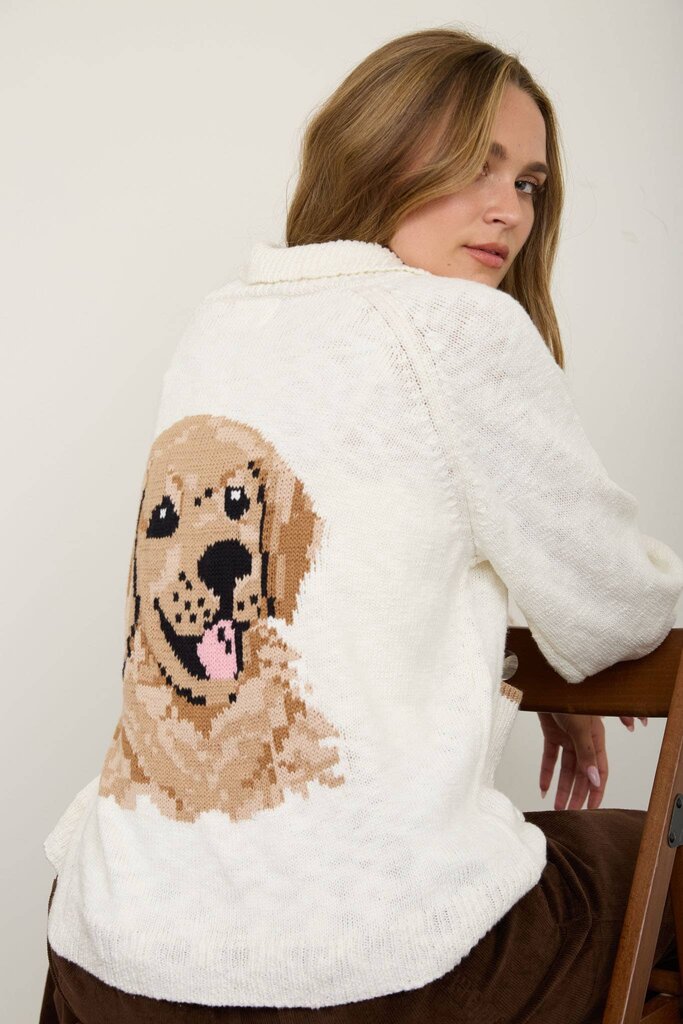 JOA Collared Button-Down Dog Jacquard Cardigan