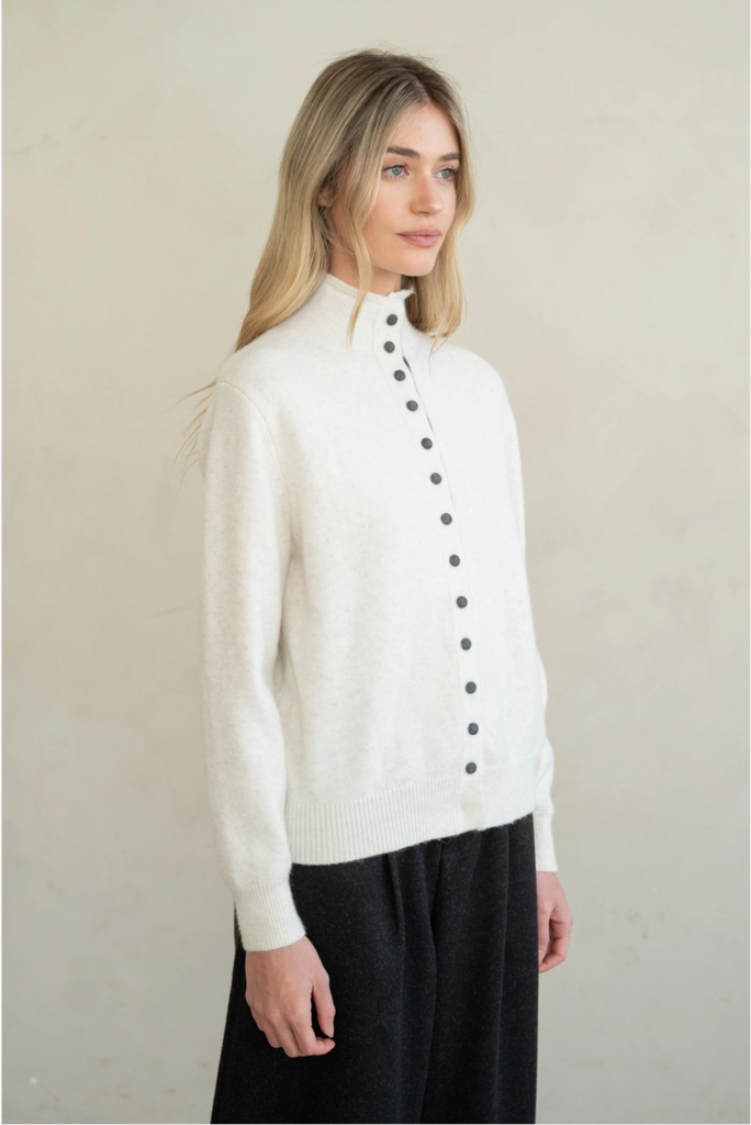 Elle Grey Contrast Placket Stand Collar Cardigan