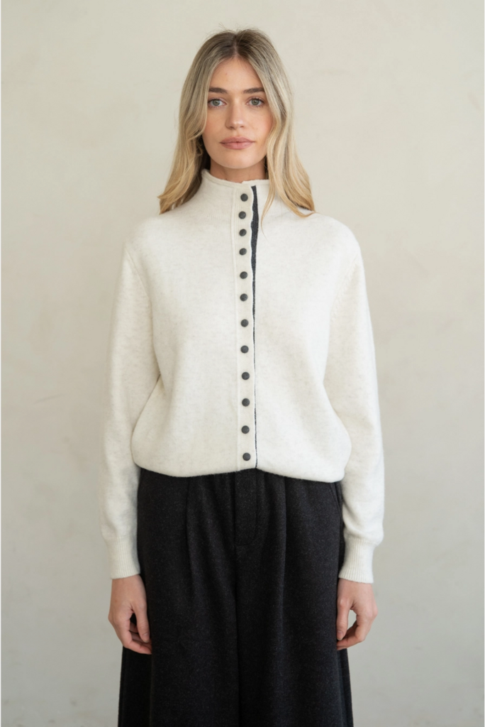 Elle Grey Contrast Placket Stand Collar Cardigan