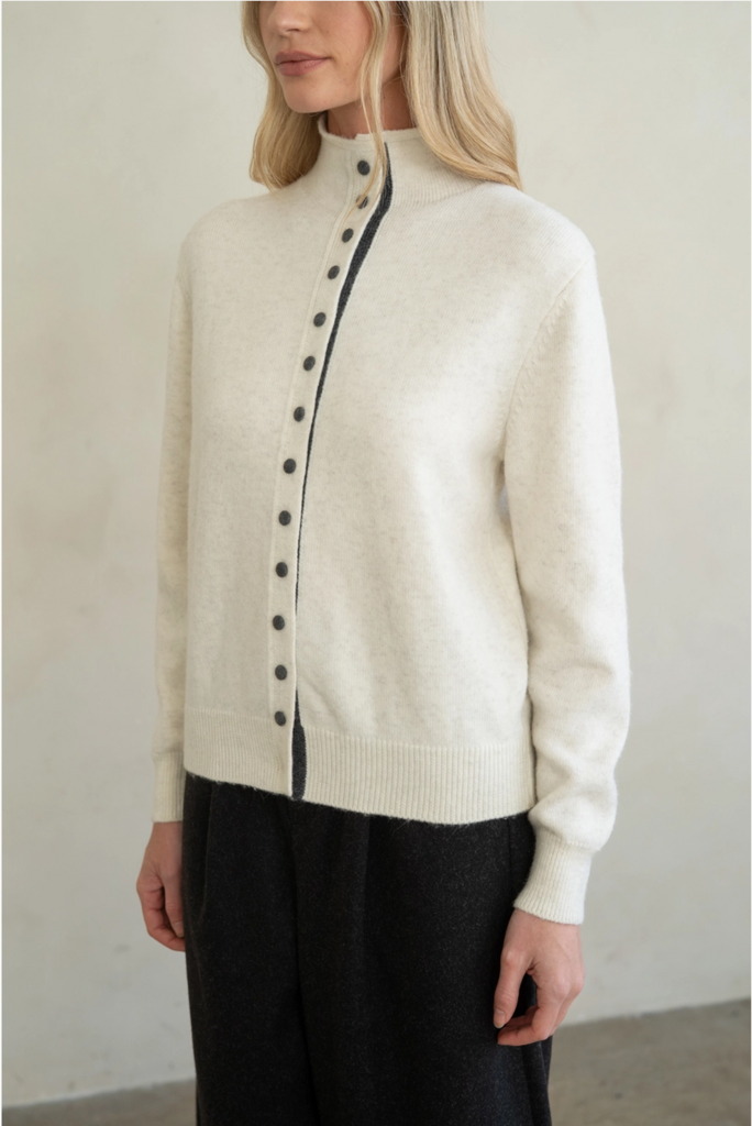 Elle Grey Contrast Placket Stand Collar Cardigan