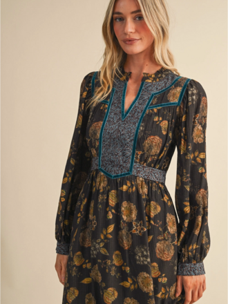 & Merci Floral Print Contrast Velvet Trim Midi Dress