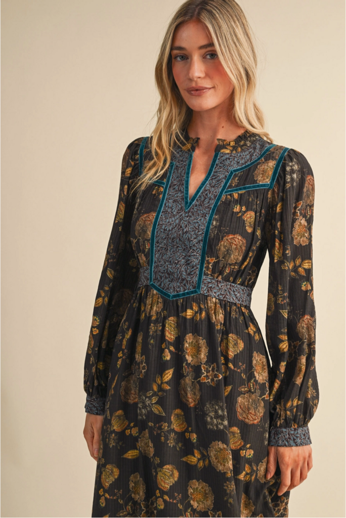 & Merci Floral Print Contrast Velvet Trim Midi Dress