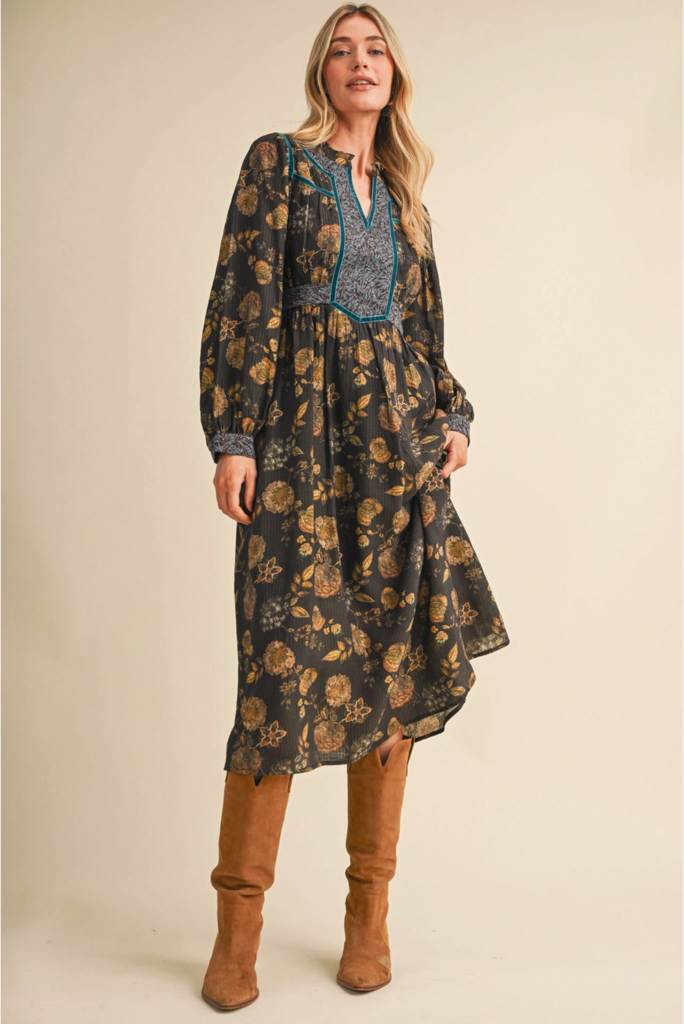 & Merci Floral Print Contrast Velvet Trim Midi Dress