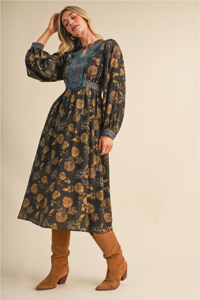 & Merci Floral Print Contrast Velvet Trim Midi Dress