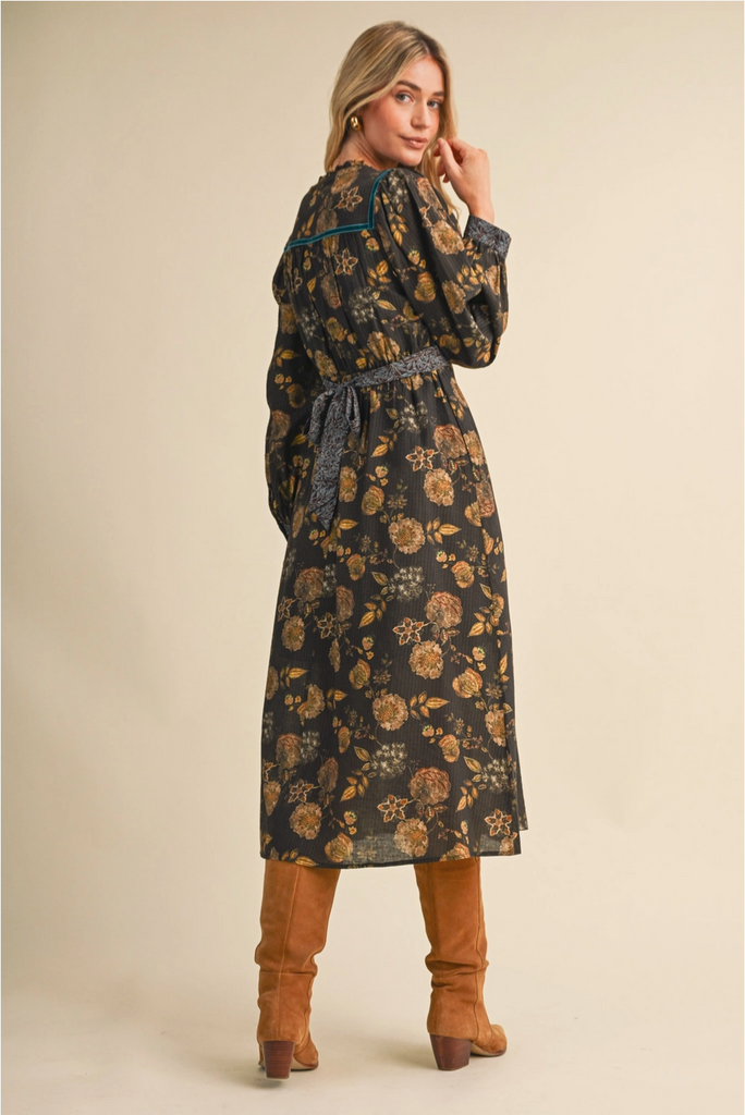 & Merci Floral Print Contrast Velvet Trim Midi Dress