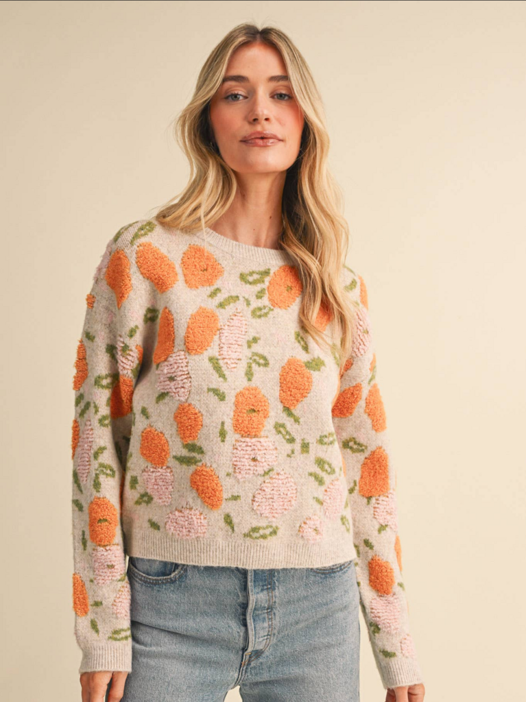 & Merci Fuzzy Texture Floral Knit Sweater