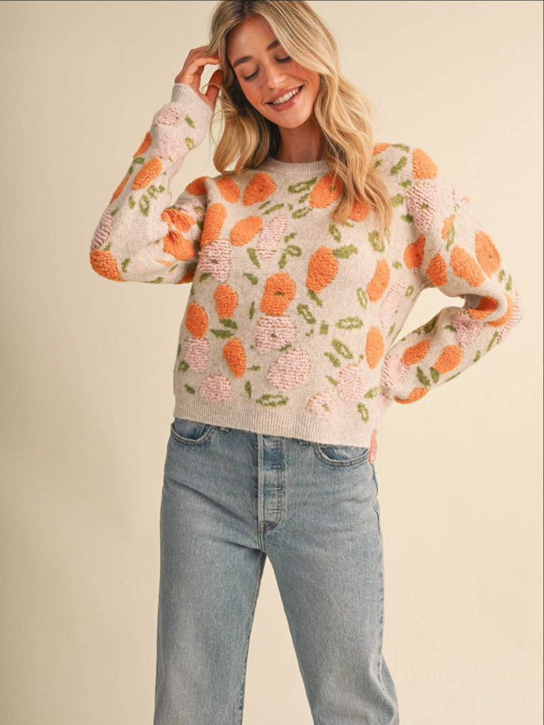 & Merci Fuzzy Texture Floral Knit Sweater