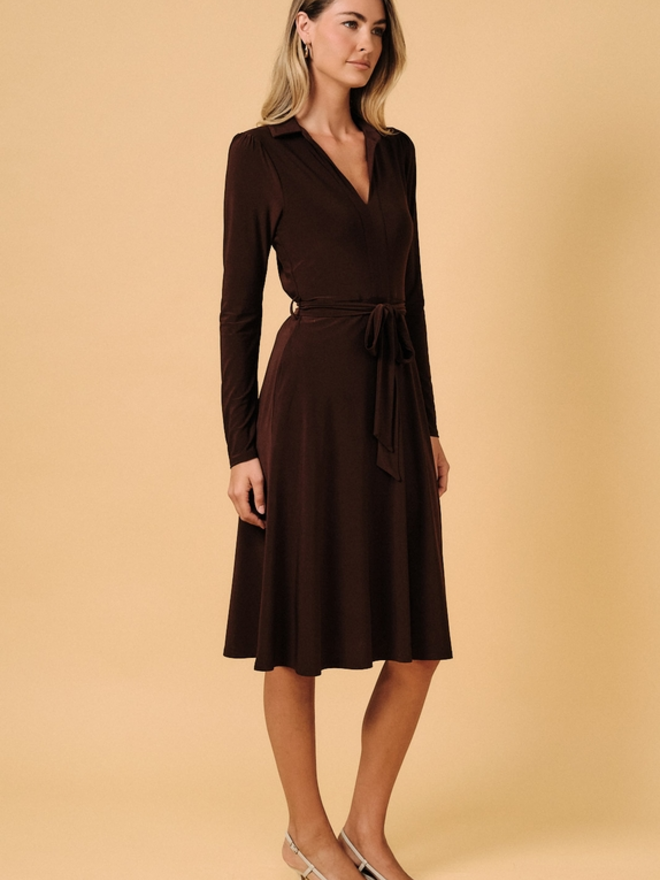 dark brown waist tie midi dress with sleeves Sunday Edition Collared Waist:46 shaped opening at the ModelID: 63 Chiffon A Line Pleated