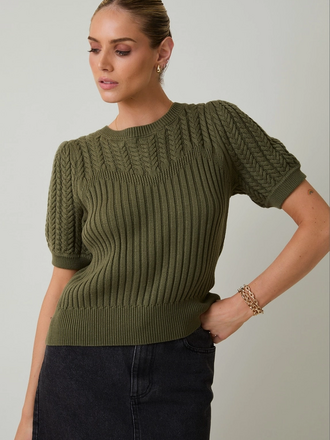 Sunday Edition Round Neck Puff Short Sleeve Cable Sweater