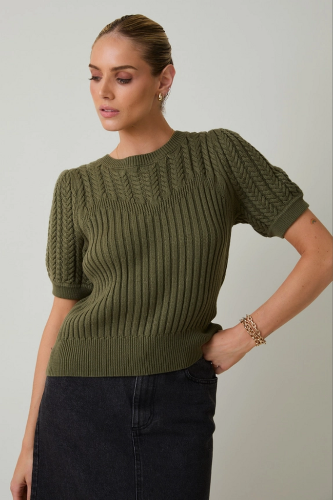Sunday Edition Round Neck Puff Short Sleeve Cable Sweater