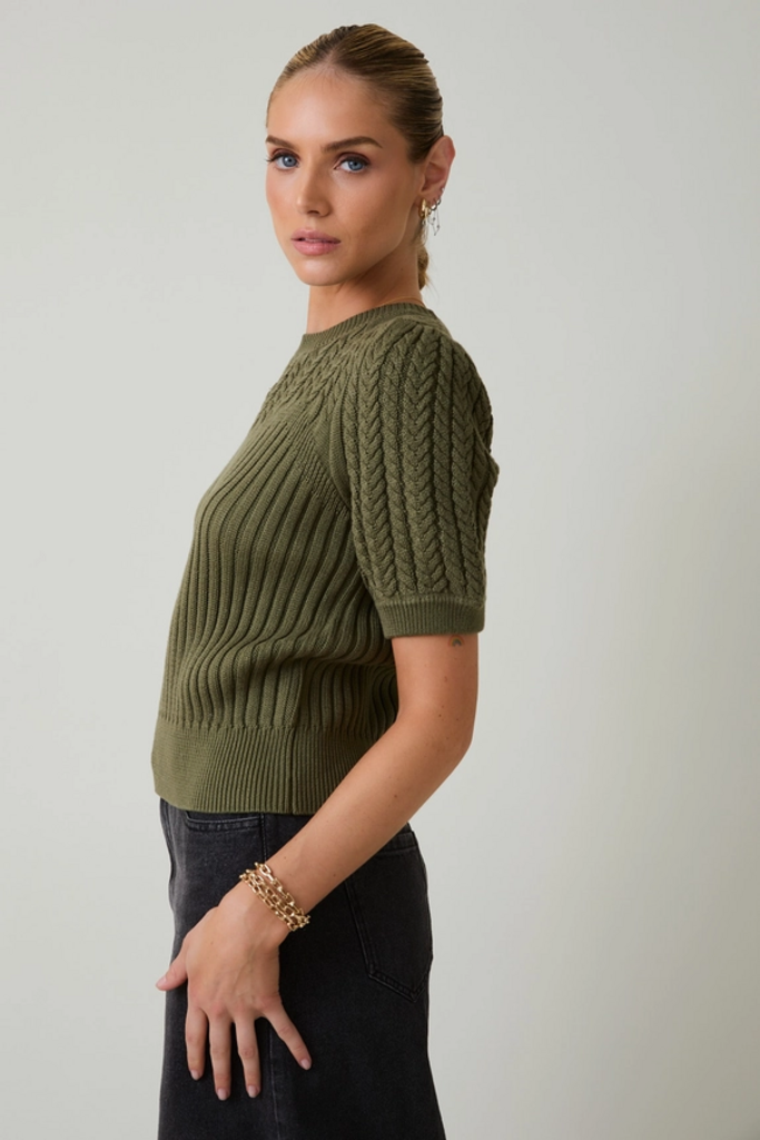 Sunday Edition Round Neck Puff Short Sleeve Cable Sweater