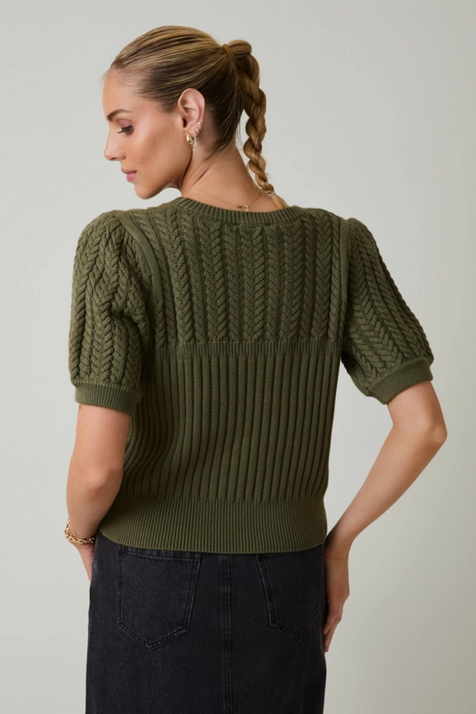 Sunday Edition Round Neck Puff Short Sleeve Cable Sweater