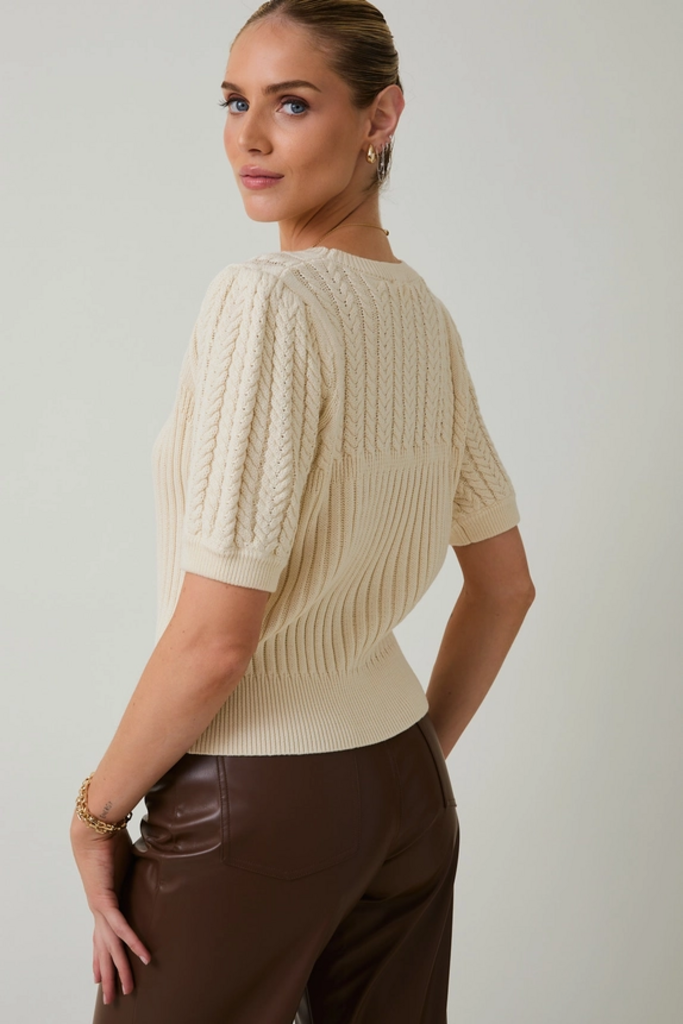 Sunday Edition Round Neck Puff Short Sleeve Cable Sweater