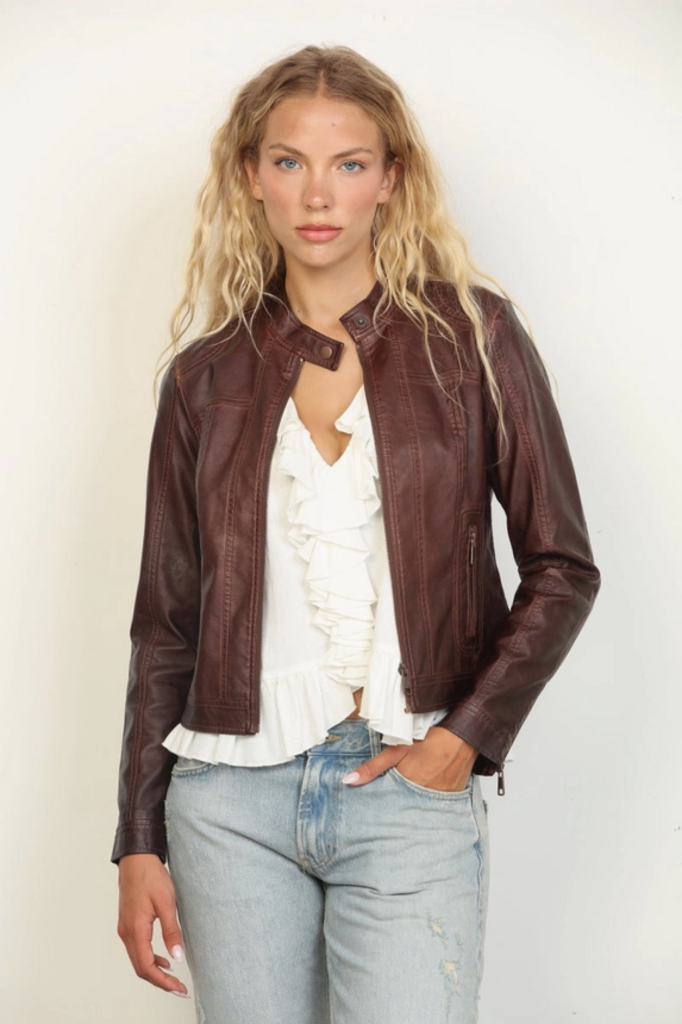 Stoosh Faux Leather Racing Jacket in Chocolate