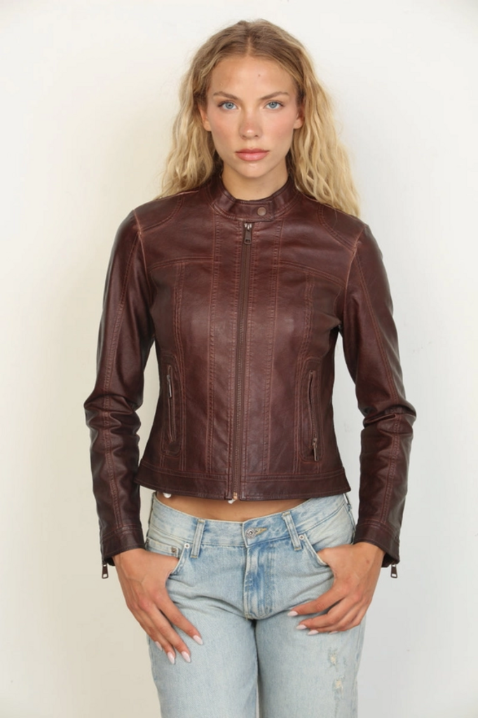 Stoosh Faux Leather Racing Jacket in Chocolate