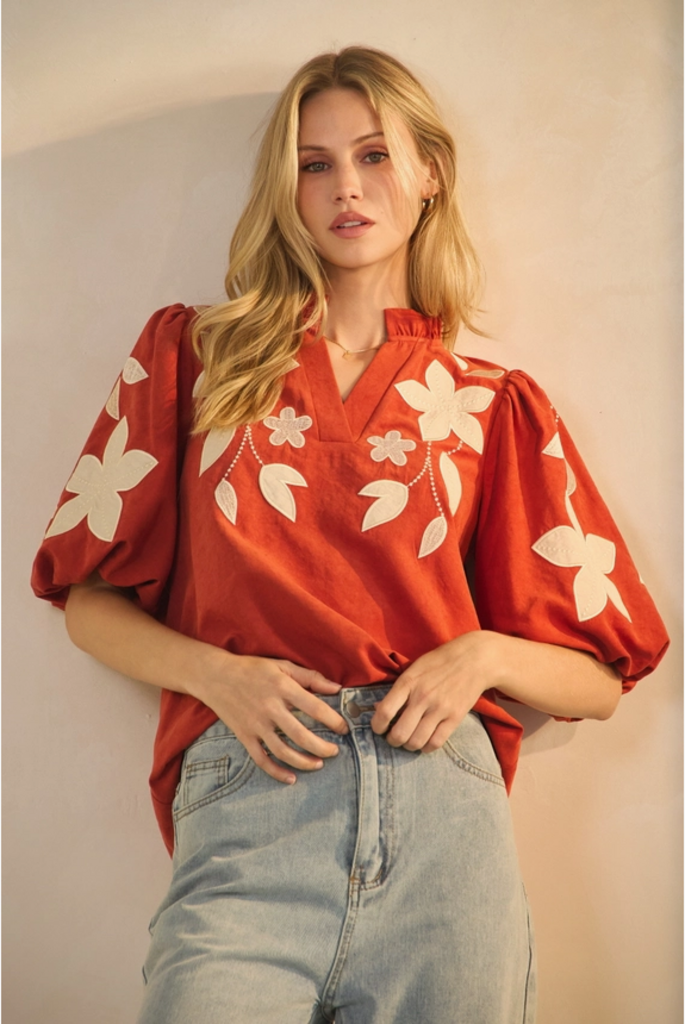 Oddi Washed Faux Suede Top with Floral applique