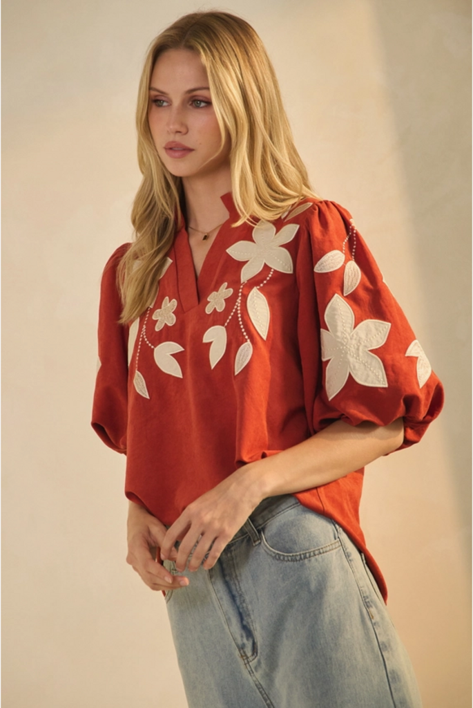 Oddi Washed Faux Suede Top with Floral applique
