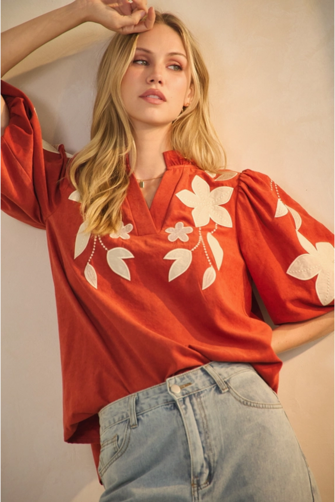 Oddi Washed Faux Suede Top with Floral applique