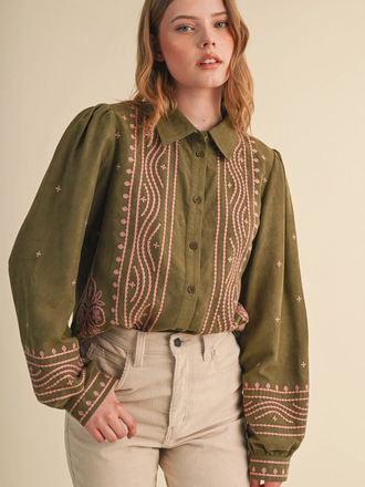 & Merci Embroidered Faux Suede Blouse
