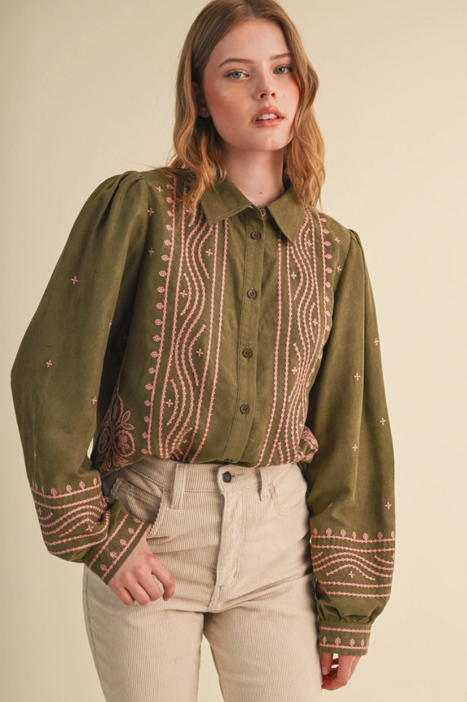 & Merci Embroidered Faux Suede Blouse