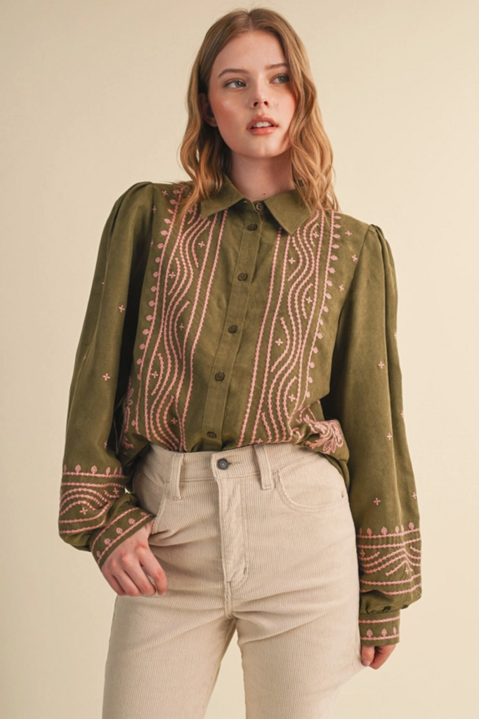 & Merci Embroidered Faux Suede Blouse