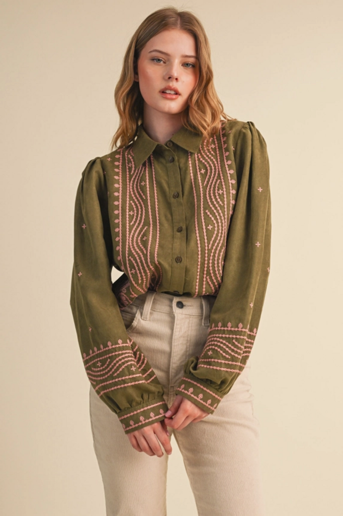 & Merci Embroidered Faux Suede Blouse