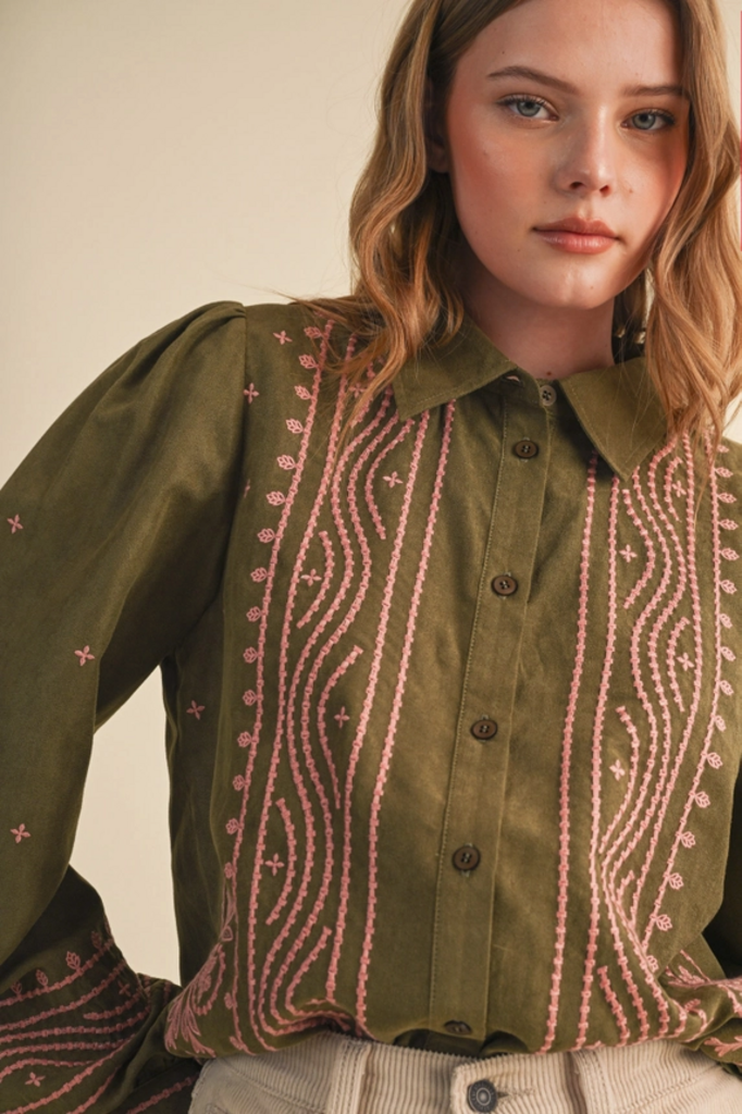 & Merci Embroidered Faux Suede Blouse