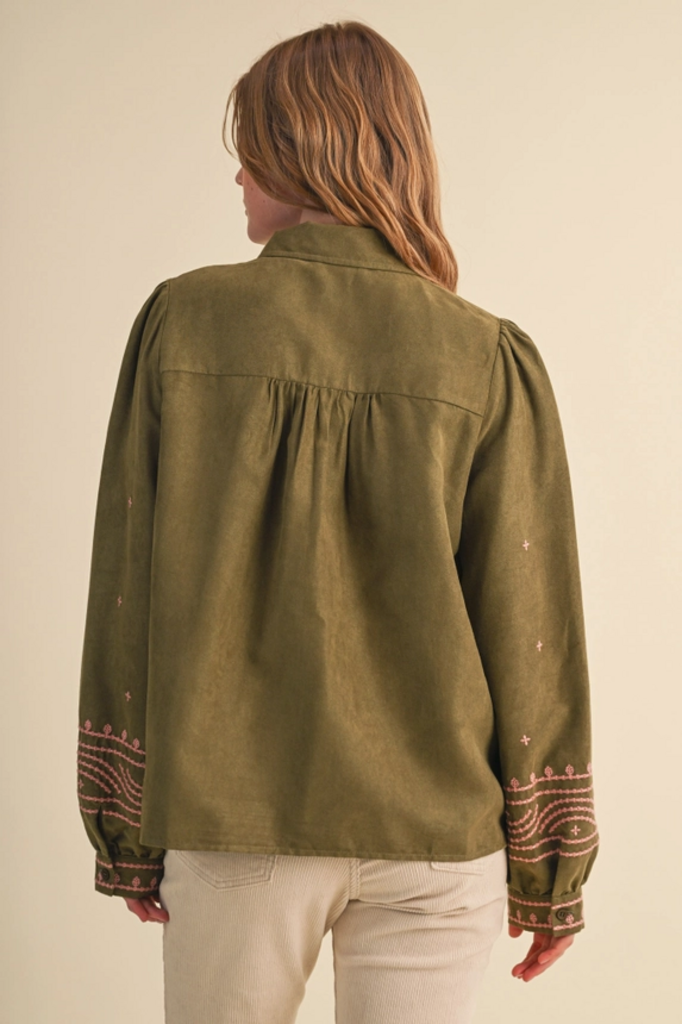 & Merci Embroidered Faux Suede Blouse