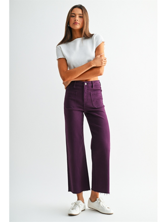 Mica Denim High-Rise Wide Leg Crop Raw Hem Jeans in Plum