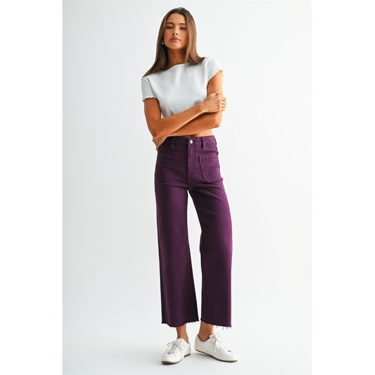 Mica Denim  High-Rise Wide Leg Crop Raw Hem Jeans in Plum