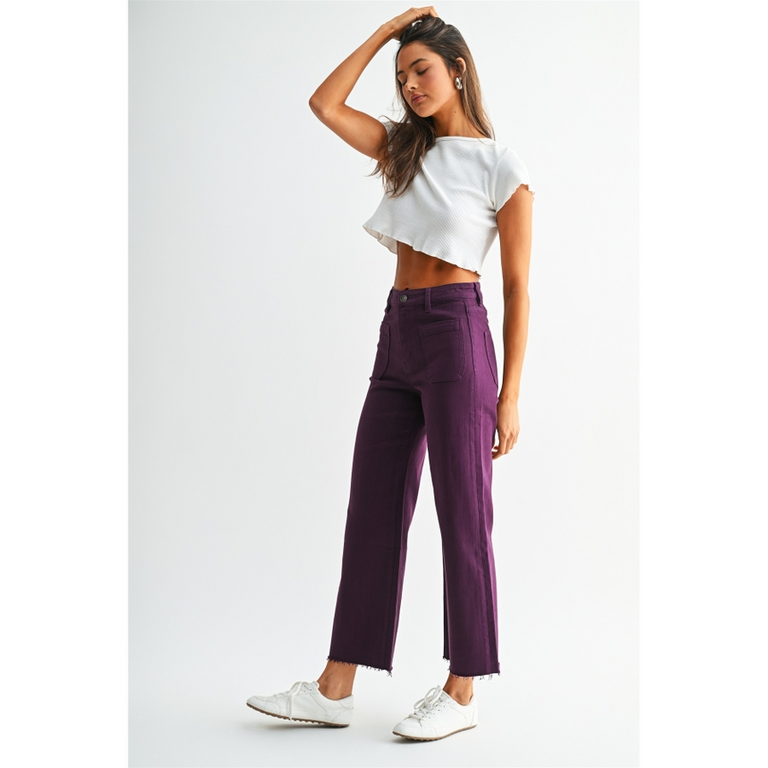Mica Denim  High-Rise Wide Leg Crop Raw Hem Jeans in Plum