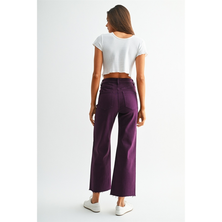 Mica Denim  High-Rise Wide Leg Crop Raw Hem Jeans in Plum
