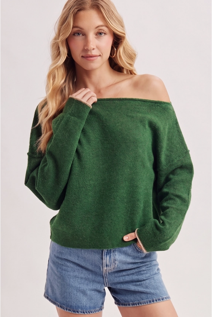 Bluivy Boat Neck Rolled Trim Soft Heathered Knit Pullover