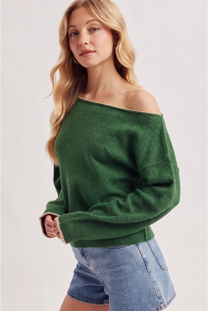 Bluivy Boat Neck Rolled Trim Soft Heathered Knit Pullover