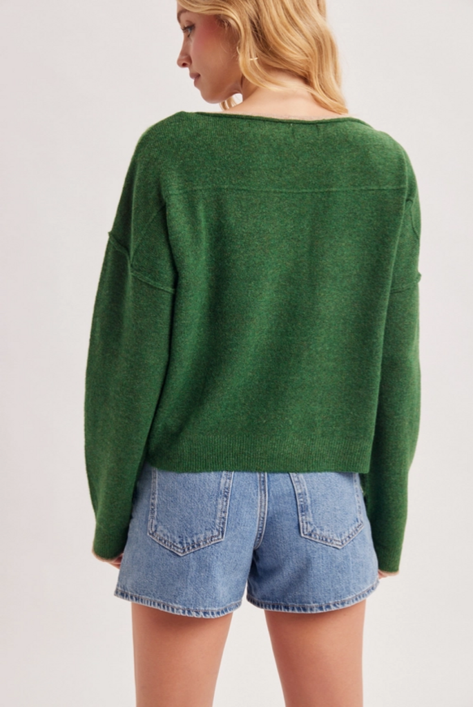Bluivy Boat Neck Rolled Trim Soft Heathered Knit Pullover
