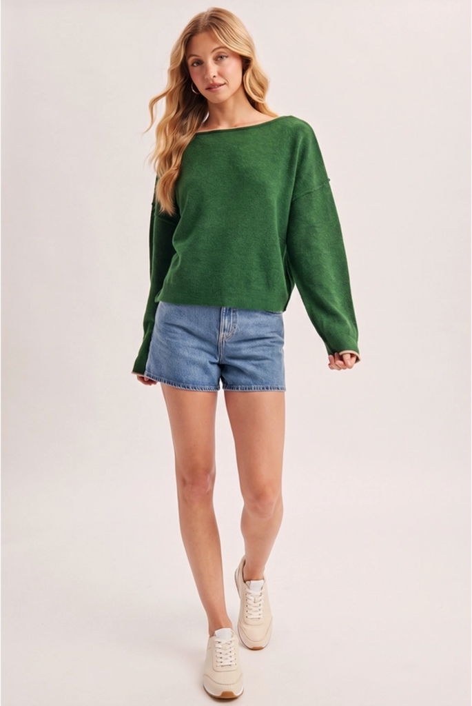 Bluivy Boat Neck Rolled Trim Soft Heathered Knit Pullover