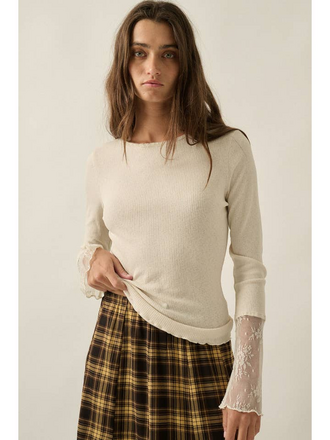 Promesa Solid Ribbed Knit Lace-Cuff Top