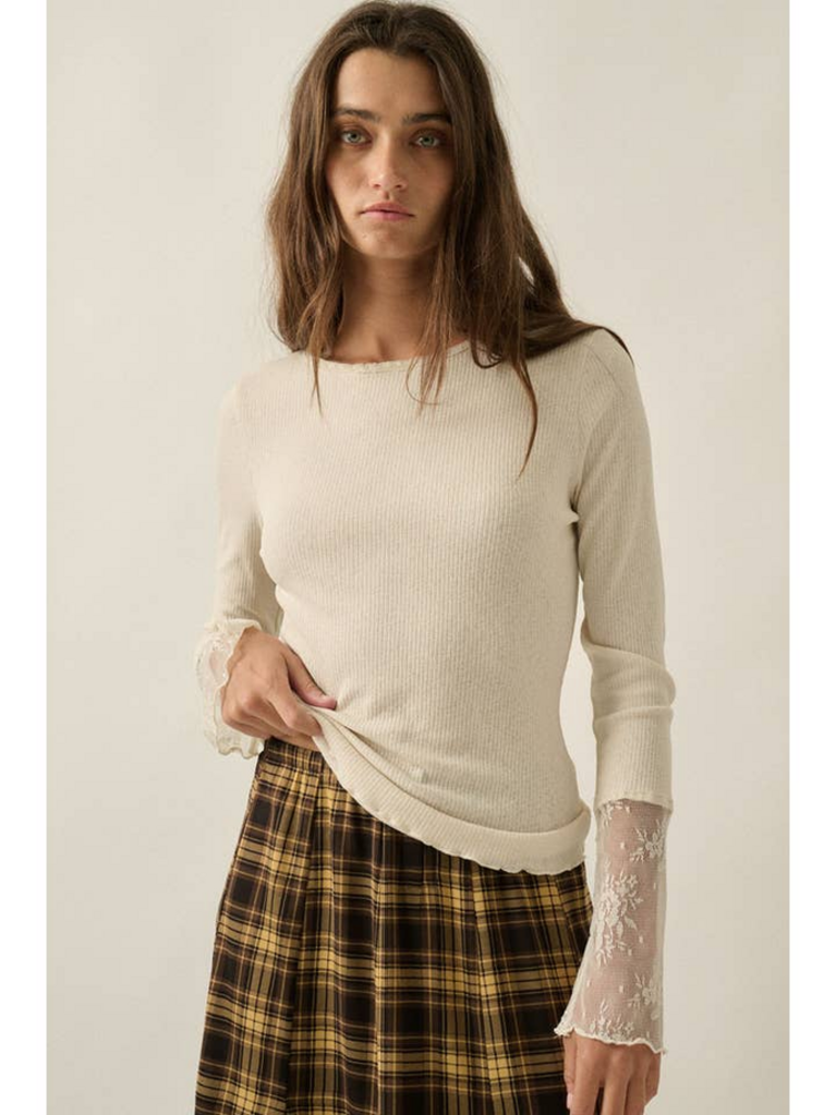 Promesa Solid Ribbed Knit Lace-Cuff Top