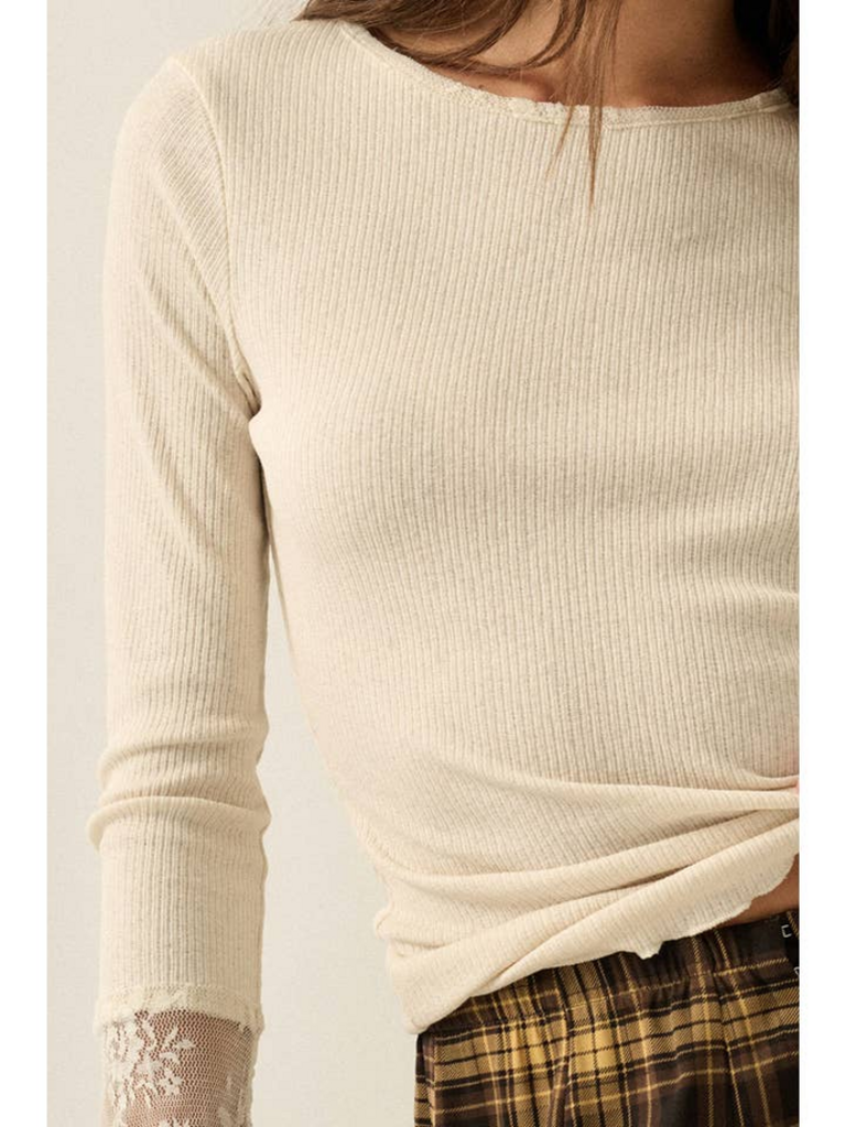 Promesa Solid Ribbed Knit Lace-Cuff Top