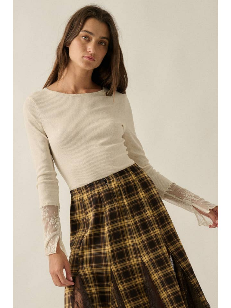 Promesa Solid Ribbed Knit Lace-Cuff Top