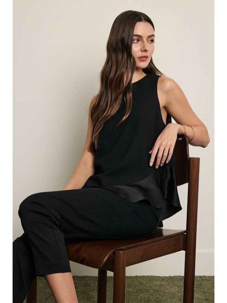 Raisonnel Asymmetrical Satin Ruffle Hem Sleeveless Top