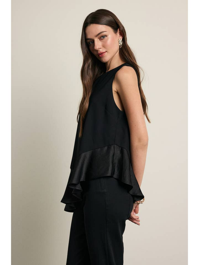 Raisonnel Asymmetrical Satin Ruffle Hem Sleeveless Top