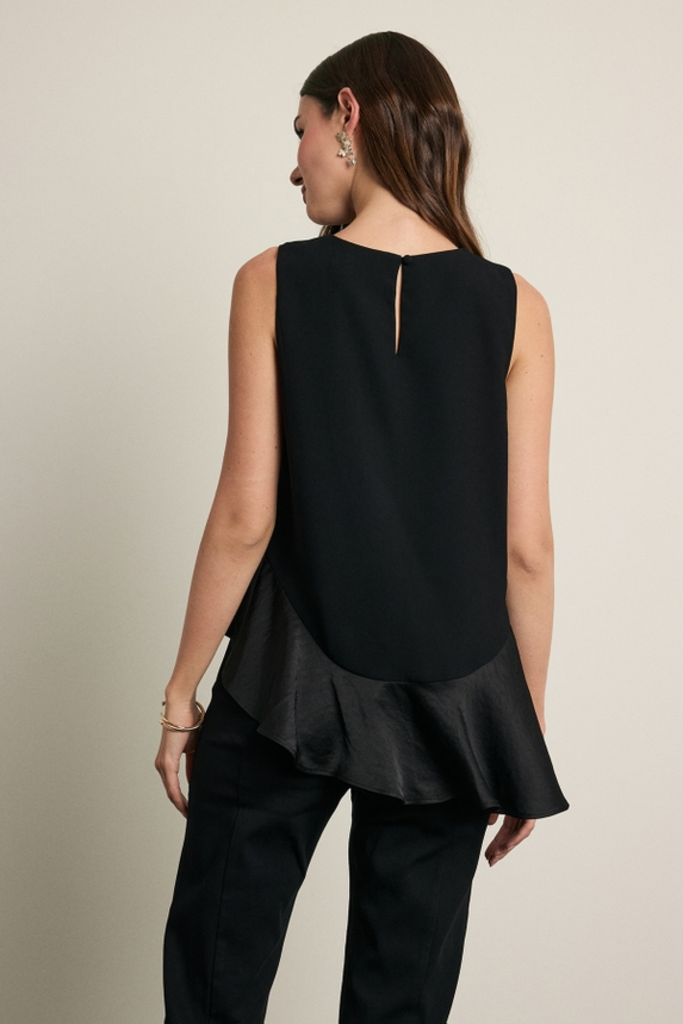 Raisonnel Asymmetrical Satin Ruffle Hem Sleeveless Top