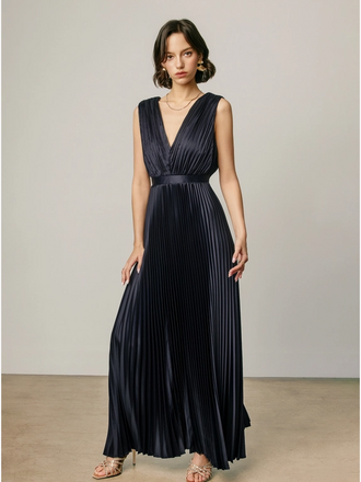 Dress Forum Pleated Satin V Neck Maxi Dress