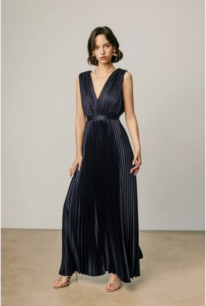 Dress Forum Pleated Satin V Neck Maxi Dress